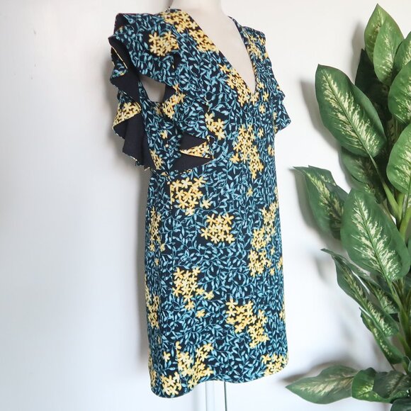 ZARA Basic Floral Ruffle Sleeve Mini Dress Blue Yellow Medium - Picture 4 of 14